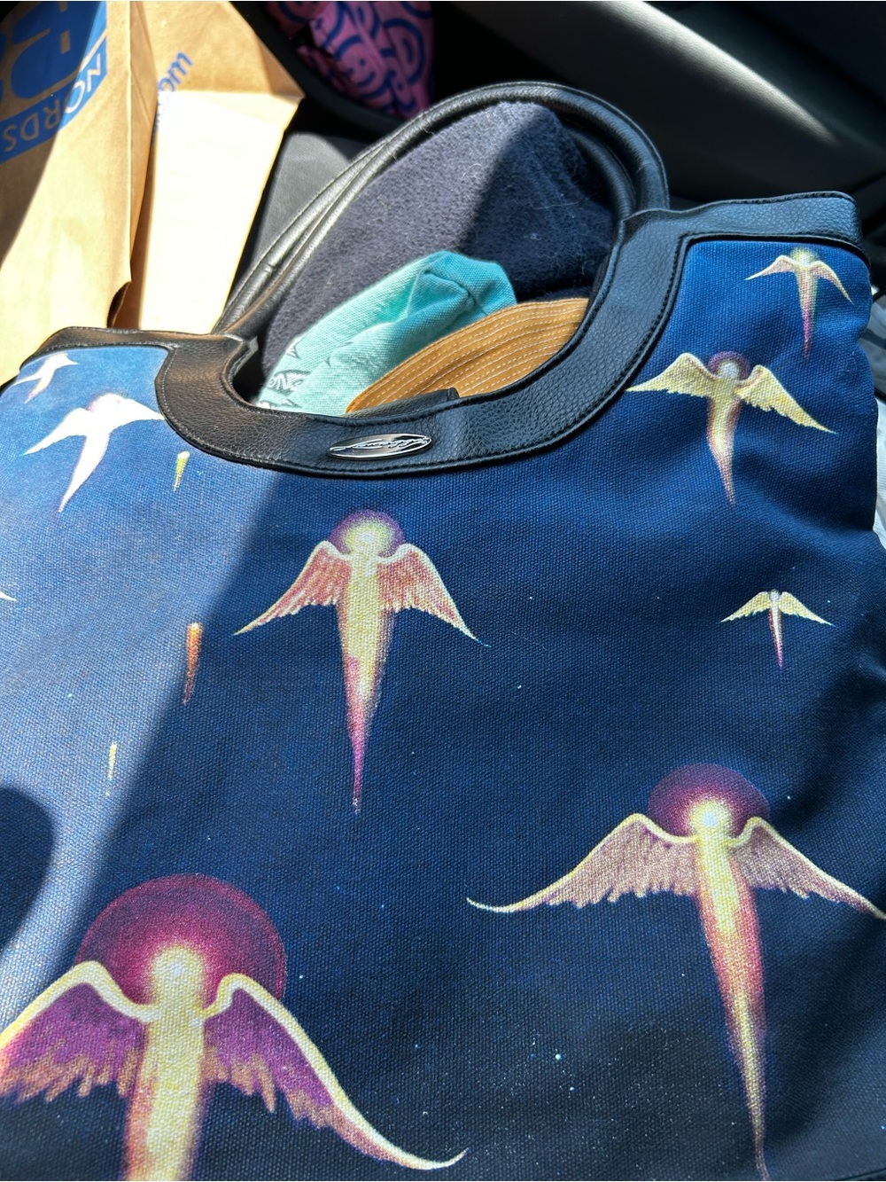 Stylish Canvas Tote Bag with Angel Motif - Blue